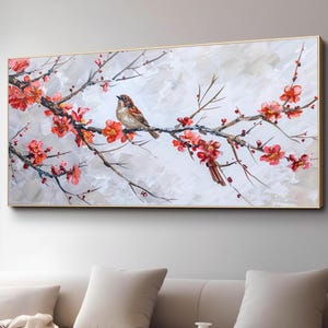 Peinture originale sur toile de prunier, oiseaux abstraits, nature, décoration 3D murale du salon de la chambre à coucher, grande oeuvre d'art au couteau à main