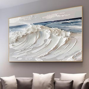 Grande texture 3D bleue et blanche, peinture océan, vague de mer, texture épaisse, peinture à l'huile, peinture 3D blanche, décoration d'art mural, salon