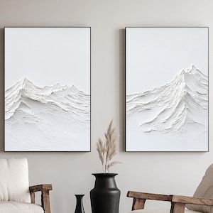 Lot de 2 peintures abstraites blanches sur la montagne, oeuvre d&#39;art murale texturée blanche, peinture sur plâtre minimaliste blanche, peinture texturée 3D blanche, décoration d&#39;intérieur