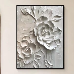 Peinture à l'huile florale texturée 3D, grand art mural floral, art floral minimaliste blanc, peinture à l'huile personnalisée, décoration de salon moderne