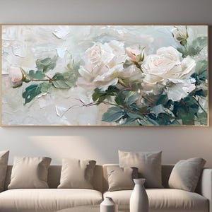 Peinture originale 3D de fleurs roses blanches, art floral élégant, décoration murale de salon, oeuvre d'art texturée, peinture au couteau, grande oeuvre d'art