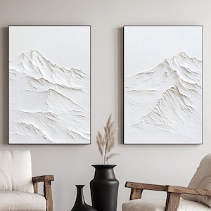 Ensemble de 2 tableaux blancs sur les montagnes, art mural minimaliste blanc, peinture texturée en plâtre 3D moderne, ensemble de 2 art abstrait blanc, décoration murale blanche