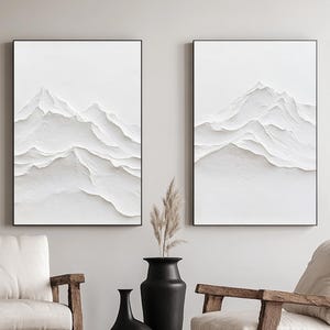Set di 2 quadri da parete con texture bianca, dipinti con texture 3D bianca, dipinti astratti di montagna 3D, 2 quadri minimalisti di montagna bianca, decorazioni da parete