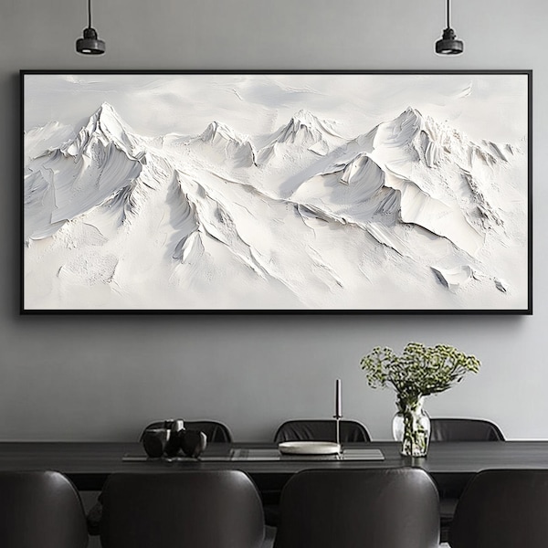 3D White Mountain Painting on Canvas, Large Abstract Plaster Wall Art