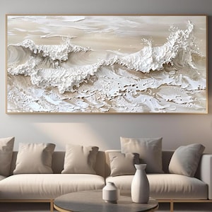 Peinture 3D beige blanc vague, décoration murale océan abstraite texturée sur toile, grande décoration murale paysage marin, décoration murale côtière neutre douce moderne
