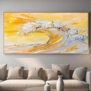 Peinture à l'huile originale sur les vagues, grande décoration murale, peinture abstraite sur les vagues de l'océan jaune, peinture 3D personnalisée, décoration de salon moderne