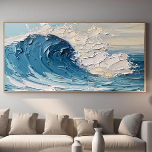 Peinture sur toile vague océan bleu, peinture abstraite océan turbulent, paysage vague océan bleu naturel texture 3D art mural, décoration de salon