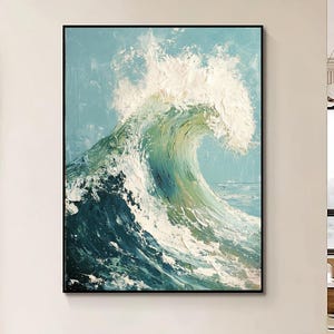 Peinture originale de paysage abstrait vague verte de l'océan, art mural texturé vague 3D, art abstrait vert, décoration de villa nature moderne