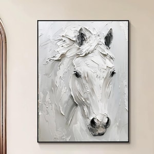 Peinture abstraite à l'huile de cheval blanc sur toile, peinture murale 3D originale sur toile de cheval, peinture animalière de salon moderne, décoration de la maison