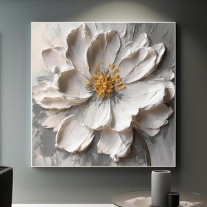 Grande toile 3D peinte à la main, art floral, peinture de fleurs blanches, texture lourde, art de fleurs blanches, peinture à l'huile florale abstraite, décoration murale pour la maison