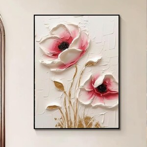 Grandes fleurs roses 3D épanouies originales peinture de texture peinture moderne fait main magnifique art de texture fleurs colorées décoration murale maison