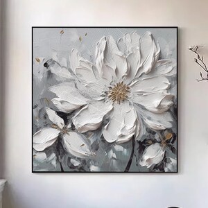 Grande peinture florale originale 3D abstraite florale blanche et grise à texture lourde, décoration simple de chambre à coucher de peinture florale noire et blanche