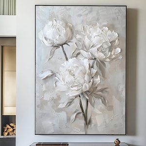 Peinture murale abstraite pivoine, peinture florale blanche, peinture murale florale 3D blanche, peinture à l'huile de pivoine en fleurs, art floral fait main