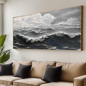 Peinture à l'huile abstraite originale d'océan, peinture de texture de vague bleue, grande peinture de ciel et d'océan, grande peinture de toile d'océan, art de salon