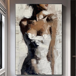 Large abstract lady oil painting art, female figure texture original female painting, white texture wall art, neutral living room wall art