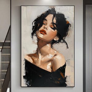 Grande peinture à l'huile abstraite de visage de beauté, art original de portrait noir et blanc acrylique 3D, décoration murale personnalisée de chambre à coucher, cadeau pour elle