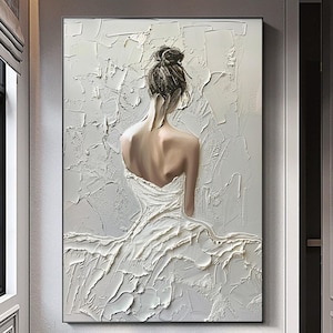 100 % fait main, femme en robe de soirée blanche vue de dos abstrait fille robe de mariée art de la texture, peinture à l'huile acrylique femme chambre décoration maison