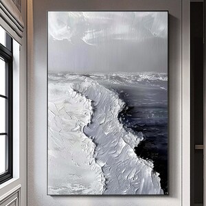 Peinture à l'huile abstraite originale d'océan, peinture de texture de vague bleue grise, grande peinture d'océan 3D, grande peinture de toile d'océan, art de salon