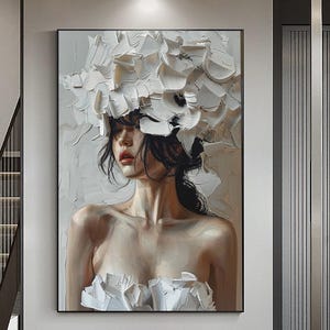 Grande peinture abstraite à l'huile de visage de beauté, peinture acrylique 3D originale de portrait de fleur, décoration murale de chambre à coucher personnalisée