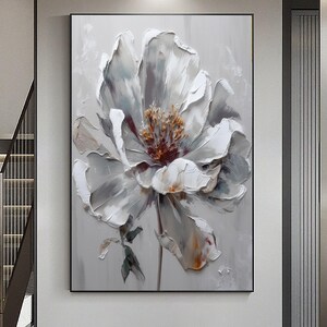 Original blanc gris texture fleur abstraite peinture à l'huile texture florale moderne 3D peinture acrylique mur art toile boho salon art