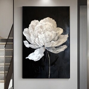 Grande toile texturée 3D simple florale noire et blanche originale, peinture de fleurs en noir et blanc, décoration blanche de style bohème, décoration d'intérieur