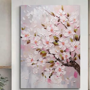 Peinture sur toile de fleurs de cerisier roses en fleurs, art mural abstrait texture de cime d'arbre, paysage naturel floral printanier, couteau 3D fait main