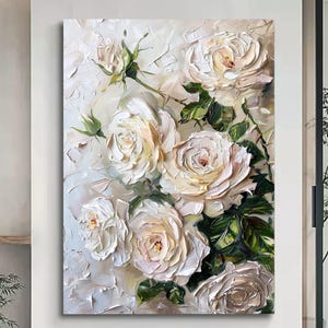 Peinture à l'huile texturée florale blanche, art mural 3D texturé rose blanche, roses en fleurs élégantes, décoration murale minimaliste en peinture épaisse