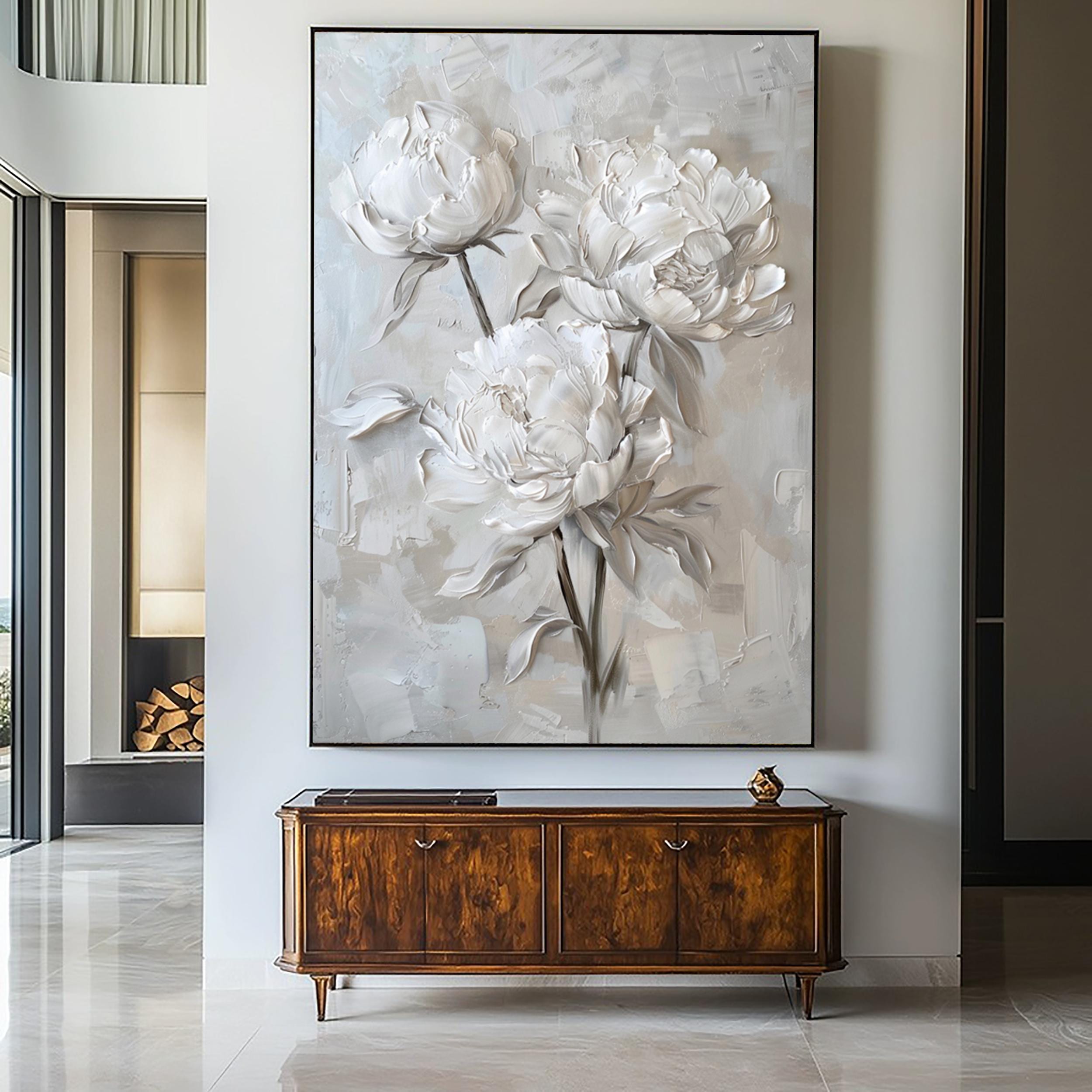 Abstracte pioen textuur muurschildering, witte bloemen schilderij, witte 3D bloemen muurschildering, bloeiende pioen olieverfschilderij, handgemaakte bloemsierkunst
