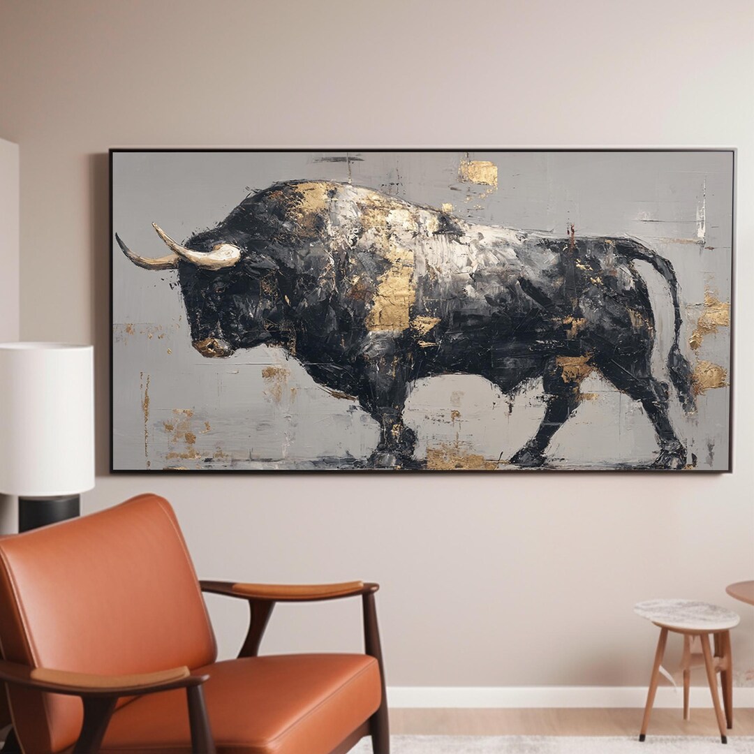 Abstract Bull Oil Painting, Black Gold Animal Textured Canvas Wall Art ...