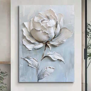Grande peinture originale 3D florale bleue blanche peinte à la main, décoration murale florale abstraite minimaliste, décoration de salon élégante personnalisée