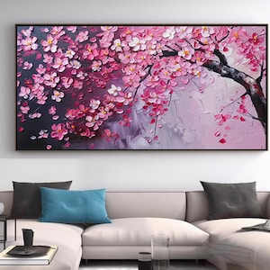Décoration de chambre à coucher de paysage de peinture à l'huile de fleurs de cerisier roses, beauté naturelle de fleurs de printemps, peinture de paysage de plante de fleur faite main 3D