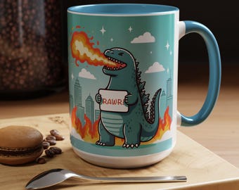 Cute Kawaii Dino Rawr 15 oz Mug, Cute Godzilla Mug, Playful Anime Dino T Rex Mug, Funny Dino Lover Mug, Colorful Funny Dino Mug