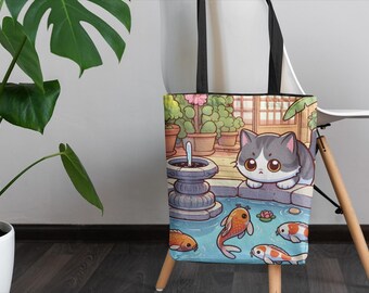 18" x 18" Inch Cute Anime Kawaii Cat Koi Pond Tote Bag, Cute Kawaii Anime Animal Tote Bag, Cute Anime Kawaii Fish Tote Bag
