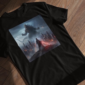 May include: Black t-shirt with a graphic print of Darth Vader facing a Godzilla-like monster in a city setting.
