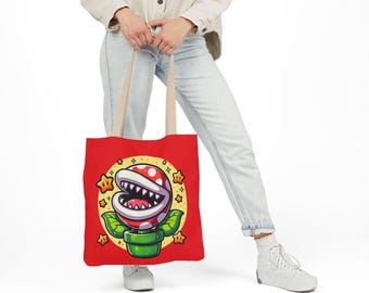 Colorful Piranha Plant Monster Canvas Tote Bag | Fun Eco-Friendly Shopping Bag, Gift for Gamers, Gift for Plant Lovers, Anime Tote Bags