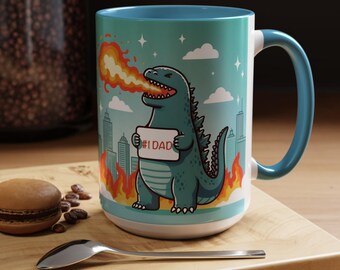 Cute Kawaii Dino Dad Rawr 15 oz Mug, Anime Godzilla Mug, Father's Day Mug, Cute Mugs For Dads, Playful Dad Mugs, Cute T Rex Mugs, Dino Lover