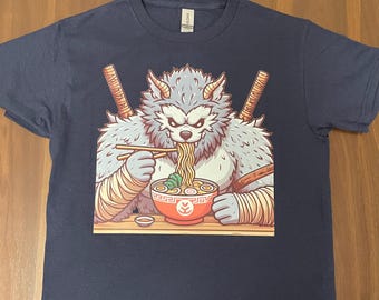 Wolfman Eating Ramen Kids/Adult Unisex Tee, Anime Shirt, Wolfman Shirt, Ramen Shirt, Japanese Shirt, Monster Shirt, Halloween Ramen Shirt