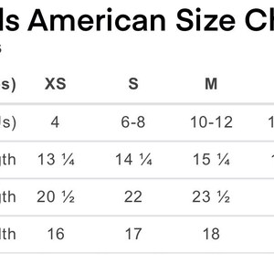 May include: Kids American size chart in inches for clothing sizes XS to XL. The chart shows sizes in US sizes, sleeve length, full body length, and body width.