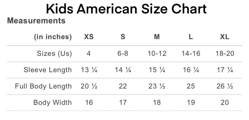 May include: Kids American size chart in inches for clothing sizes XS to XL. The chart shows sizes in US sizes, sleeve length, full body length, and body width.