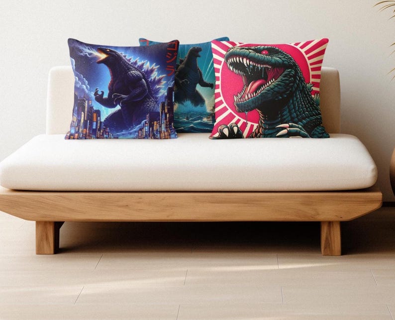 Godzilla 16" x 16" Throw Pillows, Gojira Pillow, Kaiju Pillow, Anime Pillow, Monster Pillow, Japanese Pillow, Kids Pillow, Dino Throw Pillow image 1