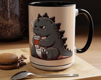 Grumpy Godzilla 15 oz Mug, Kaiju Mug, Gojira Mug, Monster Mug, Anime Mug, Kawaii Mug, Moody Mug