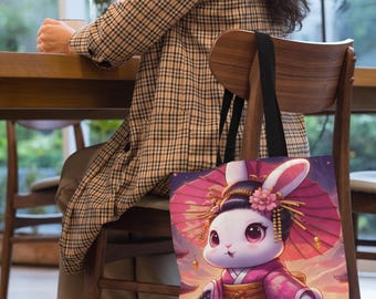 18" x 18" Inch Cute Anime Geisha Bunny Tote Bag, Cute Animal Bag, Japanese Tote Bag, Anime Animal Tote Bag, Rabbit Tote Bag