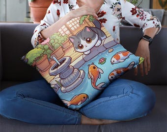 Cat Koi Pond "16 x 16" inch Polyester Square Pillow, Cat Lovers Pillow, Fish Lovers Pillow, Cute Anime Kawaii Animal Pillow