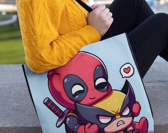 Deadpool and Wolverine 18" x 18" Inch Tote Bag, Cute Super Hero Tote Bag, Anime Kawaii Tote Bag, Best Friends Tote Bag