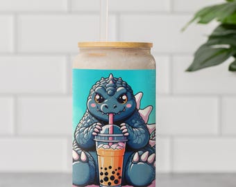 Cute Godzilla 16oz Sipper Glass, Kawaii Anime Sipper, Monster Sipper, Adorable Playful Sipper