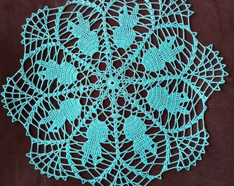 Crochet doily Turquoise with hares Easter doily Crochet coasters Crochet napkin table centerpiece small doily gift doily by NataliaKuCrocher