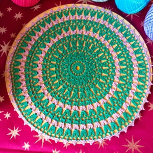 Crochet Cotton Doily: Beige and Green Lace, 14 inch Diameter
