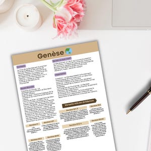 Op de afbeelding: Een bedrukte pagina met de titel "Gen&egrave;se" in het Frans. De pagina bevat Franse tekst over het boek Genesis, inclusief belangrijke figuren en verzen. De pagina heeft een lichte achtergrond en een kleurrijk ontwerp.