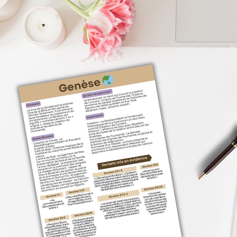 Op de afbeelding: Een bedrukte pagina met de titel "Gen&egrave;se" in het Frans. De pagina bevat Franse tekst over het boek Genesis, inclusief belangrijke figuren en verzen. De pagina heeft een lichte achtergrond en een kleurrijk ontwerp.