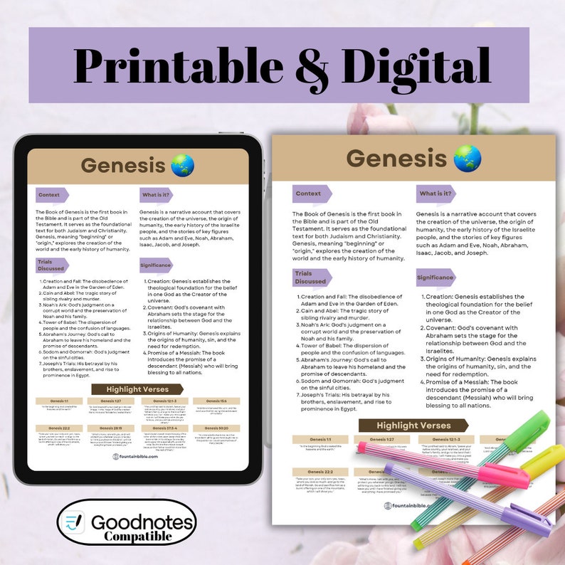 Op de afbeelding: Twee printbare en digitale studiegidsen voor het boek Genesis. Elke gids heeft een paarse achtergrond met een witte rand en een wereldbolpictogram. De gidsen bevatten secties voor context, besproken beproevingen, betekenis en gemarkeerde verzen. De tekst is in zwart en wit.